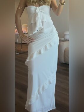 White ruffle top and maxi skirt set